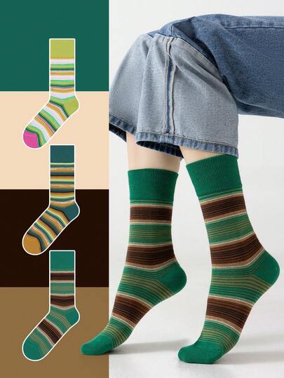 1/3 Pairs Unisex Retro Green Striped Abstract Geometric Line Art Design Combed Sports Mid-Calf Socks, Suitable For Travel, Home, Office, Holiday Gifts