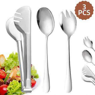 3pcs, Stainless Steel Public Self-Service Tableware Set, Including Buffet Semi-Circular Food Clip, Salad Fork, Salad Spoon, For Salads, Pasta, Steak, Barbecue, Bread, Fruits, Vegetables, Desserts, Used For Restaurants/Families/Parties/Outdoors/Weddings