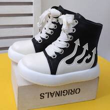 1双黑白火焰图案中筒靴，防滑耐磨，拉链闭合，时尚儿童日常鞋 - 黑色 - 查看 8