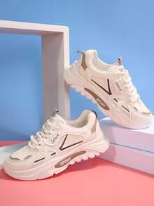 Zapatillas deportivas casuales de mujer con puntera redonda, malla cruzada, transpirables y cómodas - Beis - Ver 4