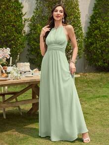Volly Toych Đầm maxi phù dâu bằng chiffon màu xanh lá cây nhạt, không tay, cổ cao, thanh lịch, với phần ngực xếp ly và eo nhún, thích hợp cho những đám cưới trang trọng mùa xuân. - đồ ngọc bích - Xem 3
