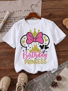 Disney Birthday Princess Minnie Mouse Ears Pink Glitter Bow Gold Castle Crown Printed Pattern T-Shirts For Girls - Children's Clothing Design Short-Sleeved Casual And Cute Style Comfortable And Casual Wear All Year Round Suitable For Parties And Play Machine Washable Gift Children's Clothing Girls' Short-Sleeved Shirts - 白色 - 查看 2