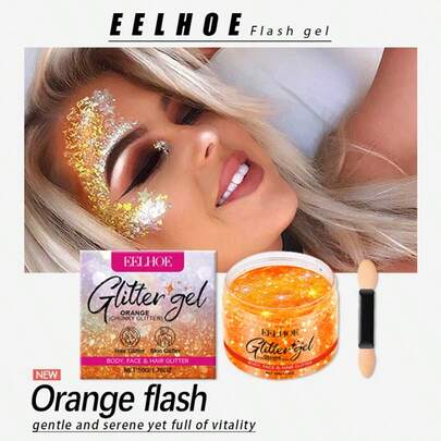 1 caja 1 pieza (50g) + 1 pincel, Gel glitter naranja, apto para rostro, Body, clavícula, pintura de cabello, ambiente brillante para fiestas, festivales, iluminador unisex