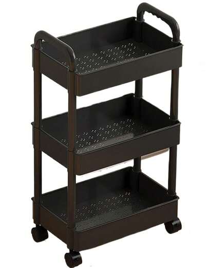 Carrito de utilidad con 3 niveles y cajón extraíble, carrito de almacenamiento negro estable y resistente con 2 ruedas con para baño, cocina, meriendas, manualidades, maquillaje, artículos para bebé, regalos de Navidad