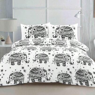 Elephant Print Reversible Duvet Cover Set – Cute Animal Pattern Bedding With Pillowcases, Reversible Kids Bedroom Decor, White/Black