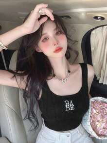 2026春夏女式黑色罗纹吊带背心 - 休闲甜美“BABE”刺绣宽肩带修身无袖上衣，适合日常、约会、聚会等场合。 - 黑色 - 查看 5