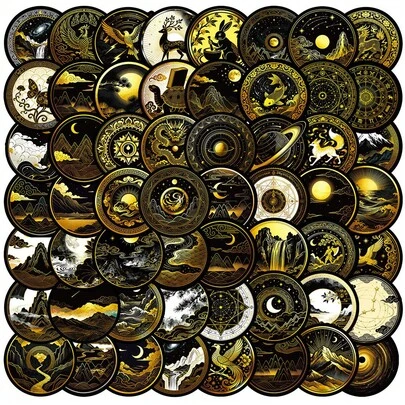 56 Pcs New Black-Gold Celestial Cartoon Graffiti Stickers - Dark Style Niche Decor Decals For Luggage & Journals