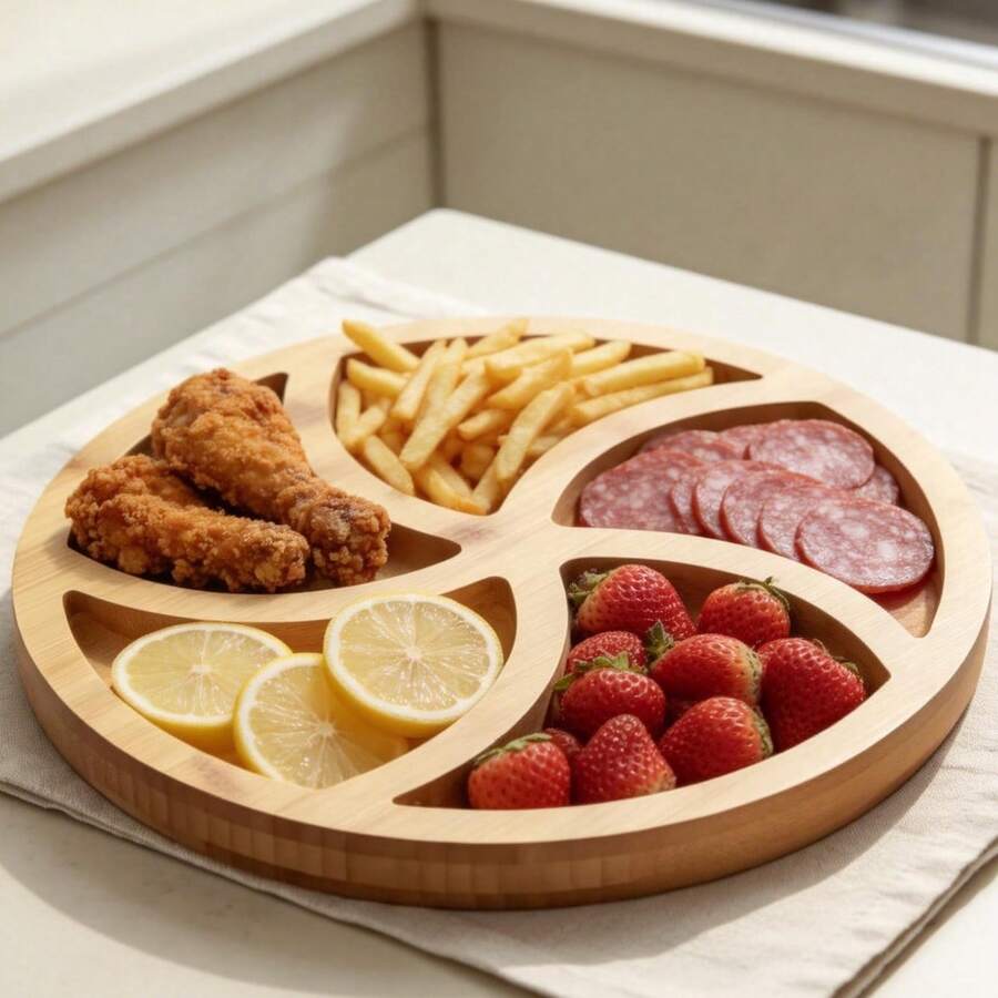 Round Bamboo Serving Tray, 25cm, With 5 Compartments. Perfect For Serving Cold Cuts, Snacks, And Fruit. - Xem 1