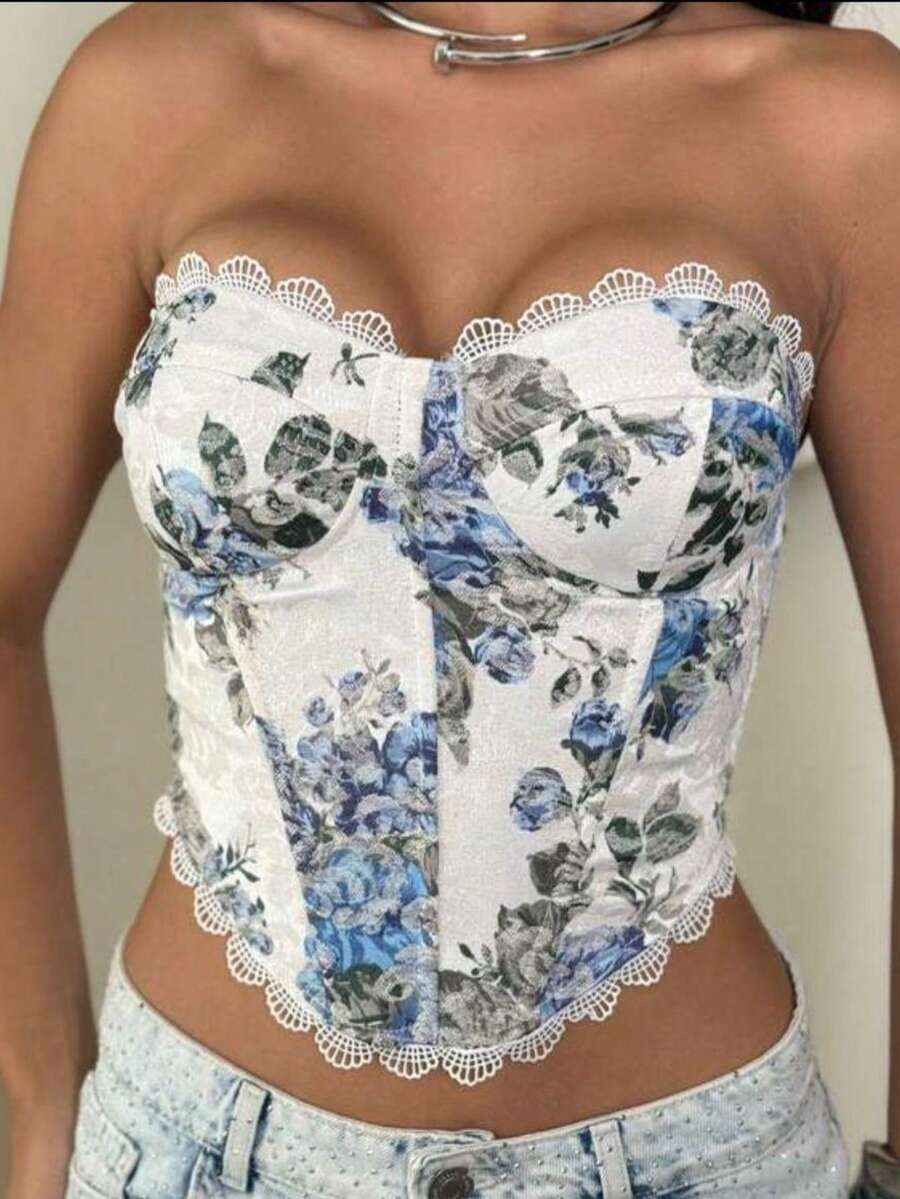 Women's Floral Strapless Corset With Adjustable Shaping Cups – Blogger Style, Carnival, Cup Detail, Backless, Appliques, Beach, Vacation - 藍色 - 查看 1