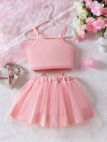 Conjunto de blusa con tirantes con estampado de rosas y falda de tul tipo cupcake para niñas, look lindo de verano - Rosa - Ver 2