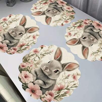 2/4/6/8/16 件装复活节花朵造型圆形餐垫，饰有浅灰色兔子图案，周围环绕粉色花朵和叶子，适合春季派对、厨房、餐厅装饰。