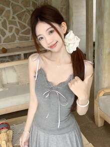 两件套 春季韩版蕾丝吊带背心和长袖修身露肩上衣 粉色 - 粉色 - 查看 6