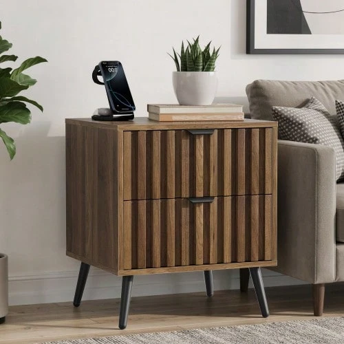 Modern Bedside Table With Recessed Design And Two Drawers, Suitable For Bedrooms, Hallways, Living Rooms And Children's Rooms, Walnut, 45 X 40 X 53 Cm, 1 Piece - Walnut - View 1