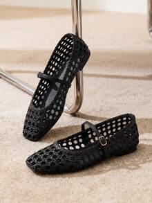 Women Woven Ballet Flats Squared Toe Mary Jane Flats With Adjustable Buckle Strap Comfortable Spring & Summer Flat Sandals - Black - View 2