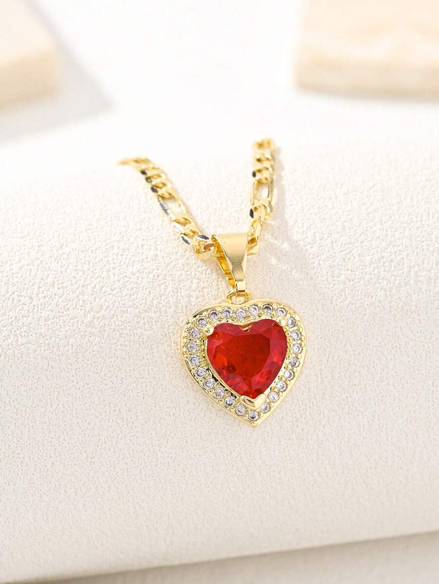 1pc Women Red Heart CZ Pendant Necklace Gold Figaro Chain Big Ruby Heart Statement Necklace Hip Hop Aesthetic Valentine Jewelry/Fashion Jewellery - Yellow Gold - View 1