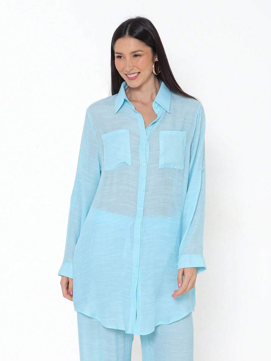 Camisa conjuntos Manga Longa com Calça Feminina Botões e Bolso na frente - Azul - Visão 1