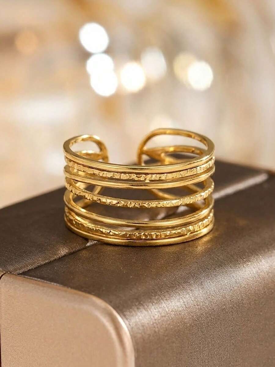 1Pc Minimalist Multi-Layer Hollow Out Cuff Ring, 18K Gold Plated Textured Geometric Open Finger Ring For Women Daily Decor - Gold - View 1