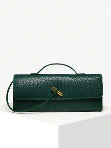 Women's Braided Textured Leather Handbag Flap Clutch Purse Top Handle Punk Hobo Bags, Women's Retro Minimalist Faux Woven Texture Angora Red Vintage Flap Lock Large Capacity Clutch Handbag, Shoulder Bag For Parties, Outings And Daily Use - 綠色 - 查看 1