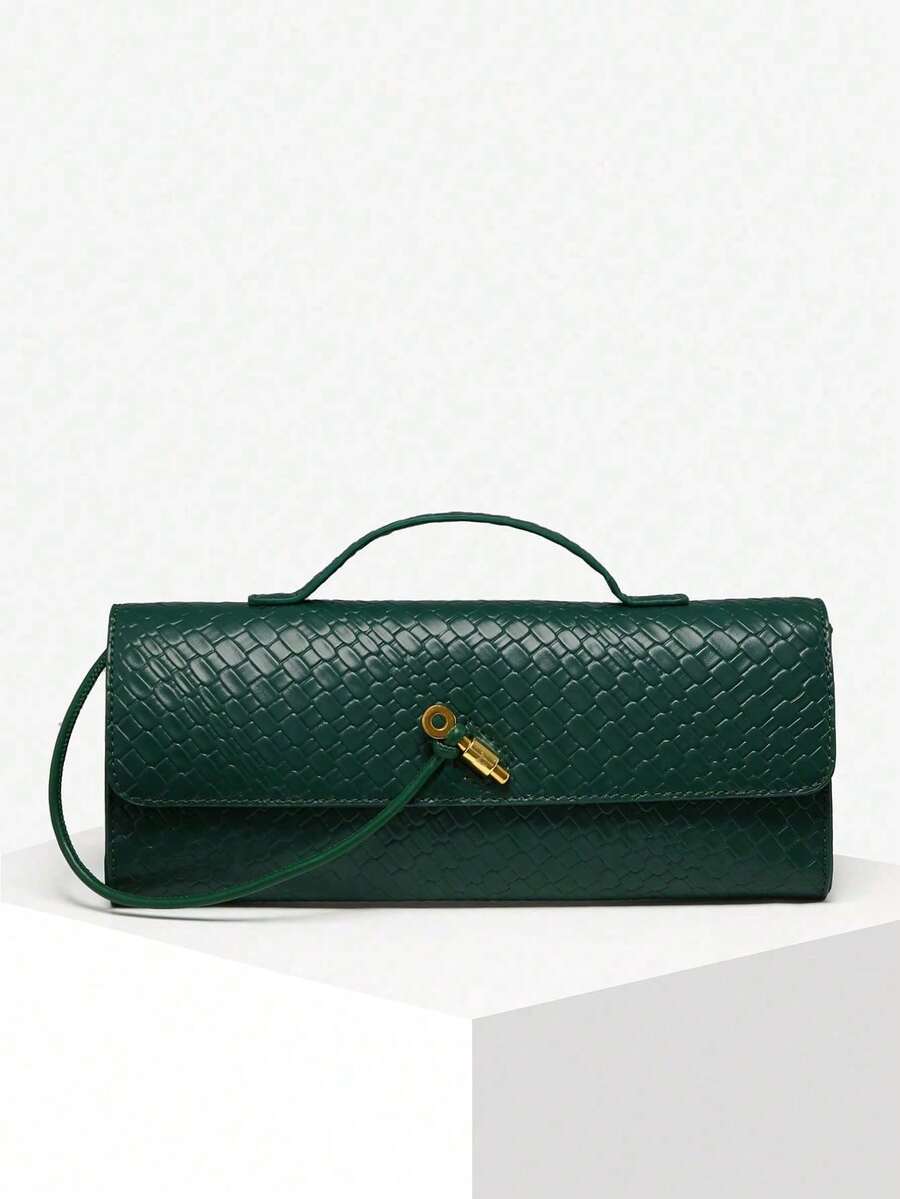 Women's Braided Textured Leather Handbag Flap Clutch Purse Top Handle Punk Hobo Bags, Women's Retro Minimalist Faux Woven Texture Angora Red Vintage Flap Lock Large Capacity Clutch Handbag, Shoulder Bag For Parties, Outings And Daily Use - 綠色 - 查看 1