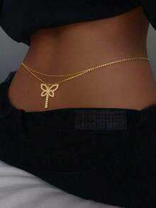 1pc Fashionable Sexy Silver Double-Layer Butterfly Waist Chain, Rhinestone Tassel Hollow Beach Waist Chain NA0Q - Vàng - Xem 1