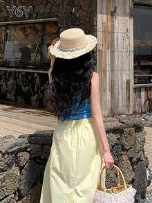 [Y6Y] Summer Fashionable Minimalist Knit Camisole, Women's Casual Vacation Style Fitted Sexy Top - Blue - View 3