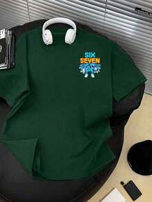 Boys Cartoon Number "67" & Letter Print Round Neck Short Sleeve T-Shirt, New Spring/Summer Children Clothing - Dark Green - View 6
