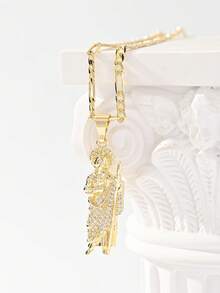 1pc Gold Figaro Chain Iced Out CZ St. Jude Thaddeus Pendant Necklace, Catholic Saint Religious Hip Hop Jewelry For Men & Women - Yellow Gold - View 6
