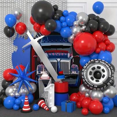 127pcs Car-Themed Balloon Wreath Set, Includes Tires, Exploding Star Foil Balloons, And Red, Black, Blue, And Silver Latex Balloons. Perfect For Birthday Parties, Mecha Parties, Robot Battles, Racing Events, Game Parties, And Hero-Themed Parties.