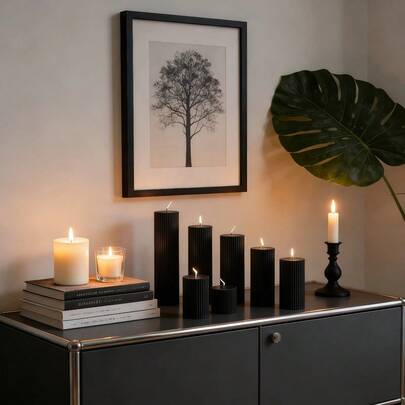 1pc Black Striped Pillar Scented Candle, 1.97 Inch Diameter Pillar Scented Candle, Smokeless Soy Wax Candle, Scented Candle Set, Suitable For Home Decor, Holiday Decor, Wedding Decor, Birthday Decor, Creating Elegant Romantic Ambiance, Romantic Candlelight Dinner, Birthday Gift, Women's Gift, Winter Gift, Wedding Gift, Souvenir