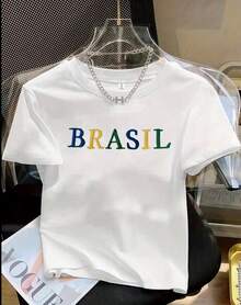 Women's Premium T-Shirt, Comfortable, Cool, Lightweight Fabric, Suitable For All Occasions, 100% Cotton. Model: Brazil Written - Special New Item In Store - trắng - Xem 1