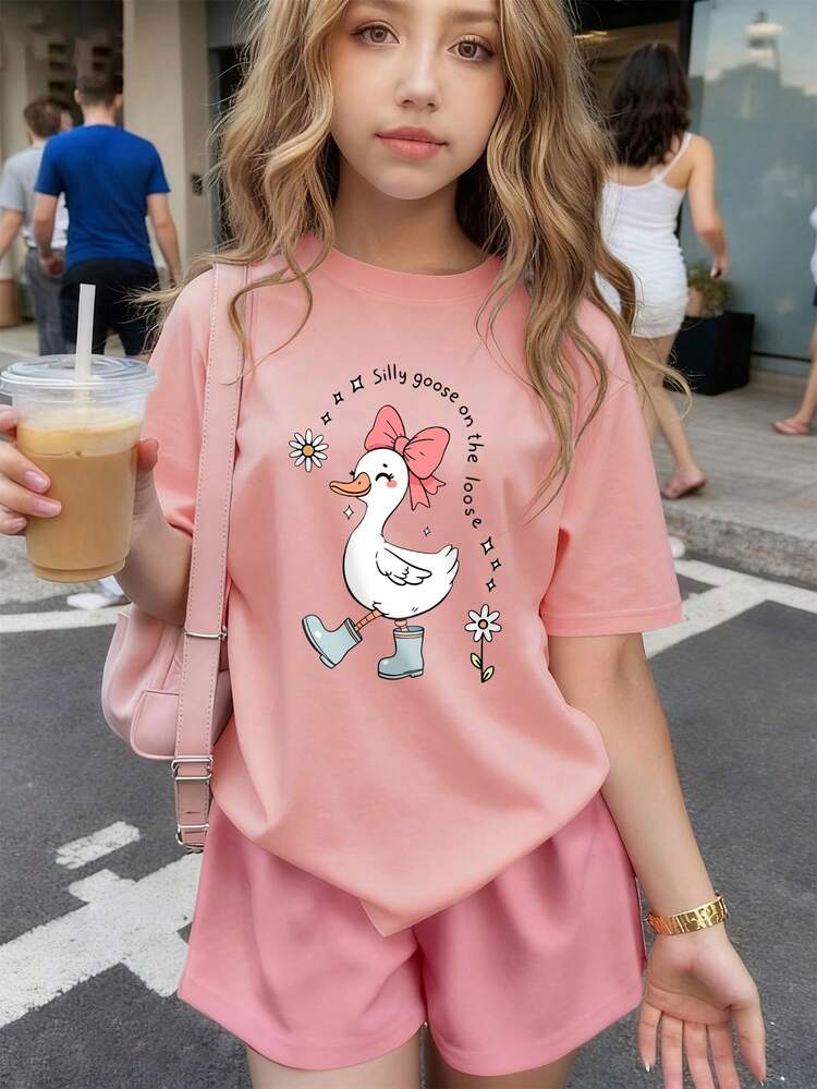 Girls' Short Sleeve T-Shirt With Cartoon Duck Print, Suitable For Spring And Summer, Showcasing Youthful Vitality, Cute Yet Stylish - Pink - View 7