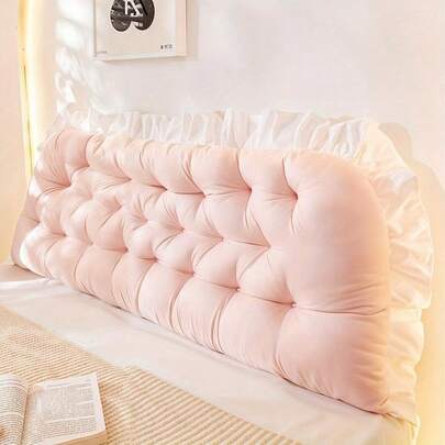 1pc Luxurious Headboard Backrest Cushion With Ruffle Trim, Soft, & Comfy, Large Backrest Pillow With Lace Detail, Removable Zippered Cover, Non-Slip With Fixed Belt, Perfect For Double Beds, Ins Style, Waist Support, 180x50cm
