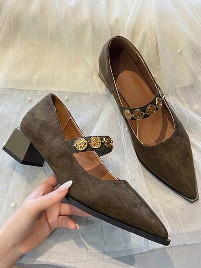 Shiny Sequin Vintage Brown Chunky Heel Non-Slip Pointed Toe Slip-On Mid-Heel Mary Jane Pumps For Women