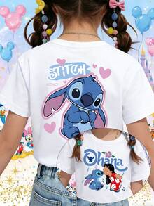 Disney Lilo & Stitch Ohana Flower Kissing Scene Printed Pattern T-Shirts For Girls - Children's Clothing Design Short-Sleeved Casual And Cute Style Comfortable And Casual Wear All Year Round Suitable For Parties And Play Machine Washable Gift Children's Clothing Girls' Short-Sleeved Shirts - trắng - Xem 1