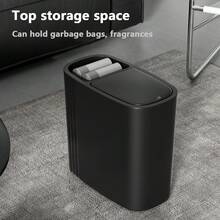 12-Liter Stylish Black Trash Can (One-Touch Push-Button Lid) Features A One-Touch (Push-Button) Lid, Silent Closing, And Odor-Proof Sealing Design. Constructed From Durable Plastic With A Sturdy Build, It Is Powder-Coated For Easy Cleaning And Maintenance. Its Space-Saving Elliptical Design Combines Modern Aesthetics, Making It Suitable For Homes, Bedrooms, Kitchens, Bathrooms, Laundry Rooms, Children's Rooms, Dormitories, Offices, And Commercial Spaces. This Compact Trash Can Serves As Both A Practical Waste Management Solution And A Decorative Office Supply - 純色垃圾桶 - 查看 5