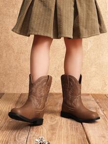 1 Pair Classic Embroidered Fashion All Season Children Boots, Toddler Little Boys Girls Cowboy Boots,Everyday And Vacation Wear, Low Heel Mid-Calf Girls Boots - 棕色 - 查看 11