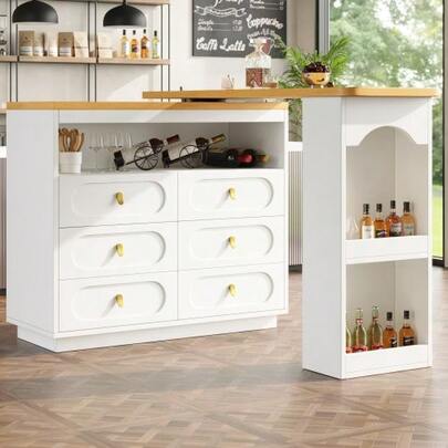 Higher Ausziehbarer Bartisch Mit 360° Drehfunktion Und Stauraum, Längenverstellbar Von 138-203cm, Moderner Rollbarer Bar Tisch Mit Schubladen Für Küche, Wohnzimmer, Esszimmer, Homeoffice, White