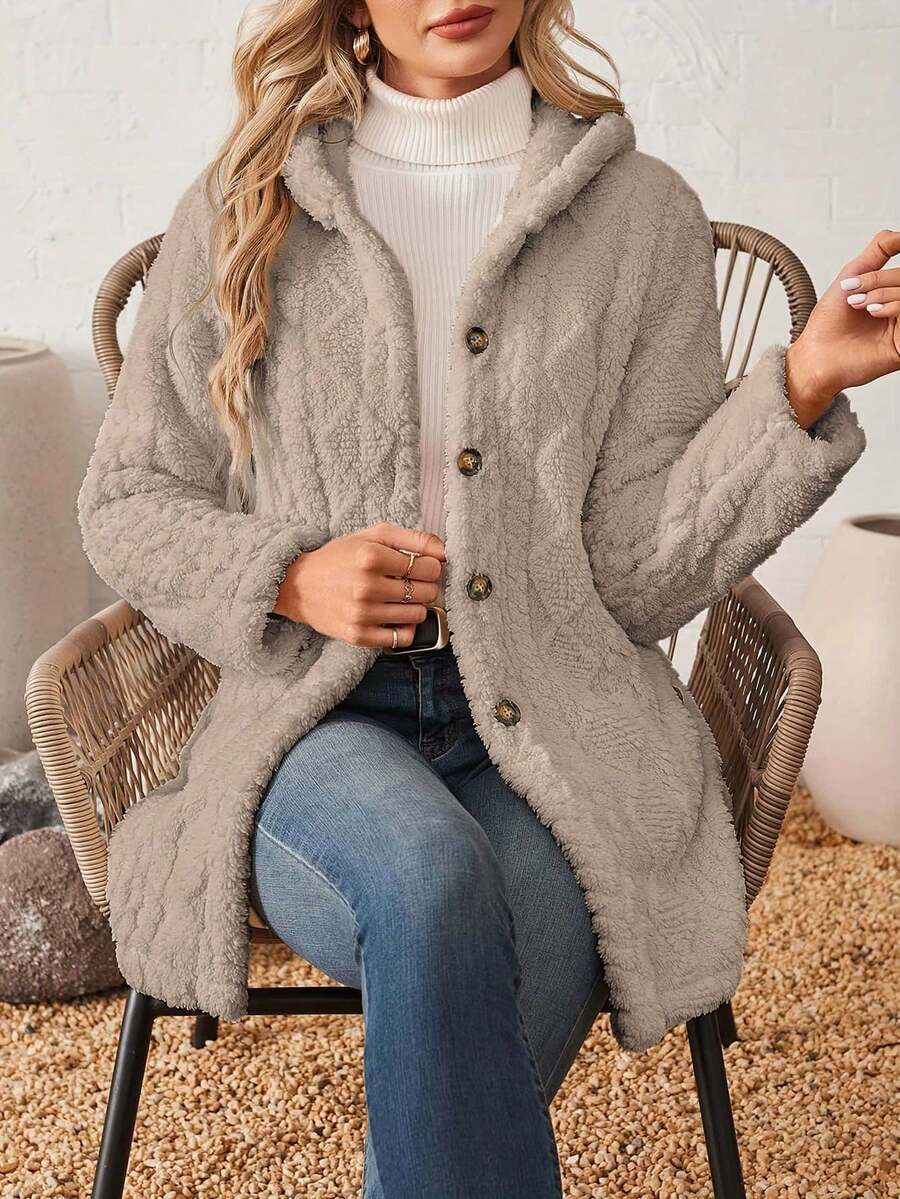 Hooded Mid-Length Coat, Button-Front Closure, Equipped With Practical Pockets For Small Daily Items, Provides Gentle Warmth For Daily Wear, Easy To Layer With Inner Garments, Ideal For Commutes And Casual Outings, Adds Comfort To Your Daily Looks, Suitable For The Transition From Autumn And Winter To Spring - Màu Xám nhạt - Xem 1