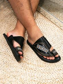 Men's Middle Eastern Arabic Style Basic Faux Leather Sandals, Black Casual Beach Slippers - Black - View 3