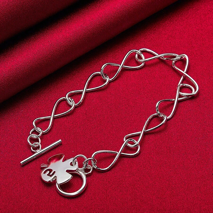 925纯银镀层四叶草花幸运手链，女士魅力婚礼订婚时尚首饰 - 銀色 - 查看 1