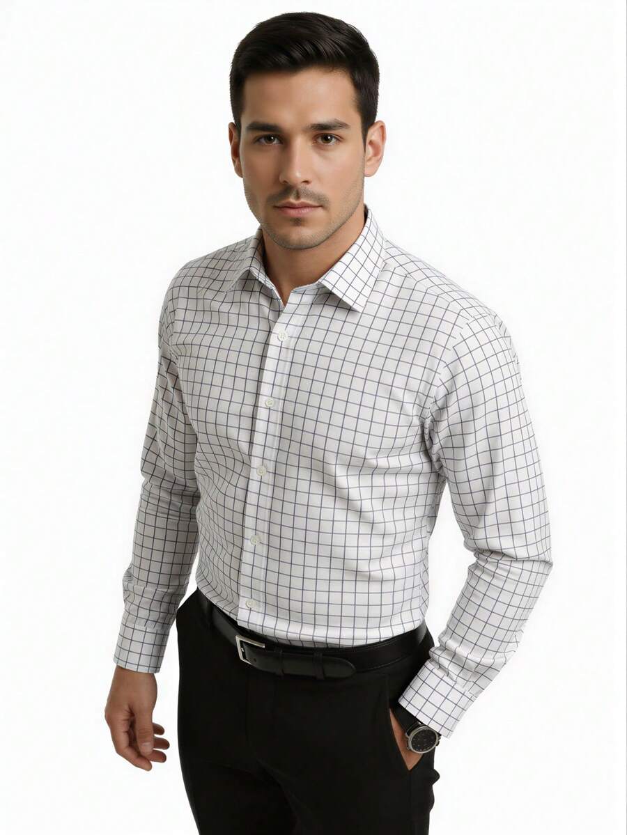 Rand paul Long-Sleeved Plaid Dress Shirt, Casual, Good Quality, Slim Fit With Elastane. - Màu xanh lam - Xem 1