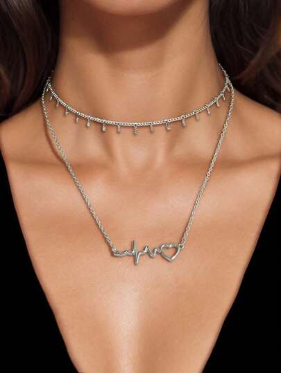 2 件套简约风格颈链和银链心形吊坠项链，适合派对、日常佩戴，亦可作为礼物赠送。