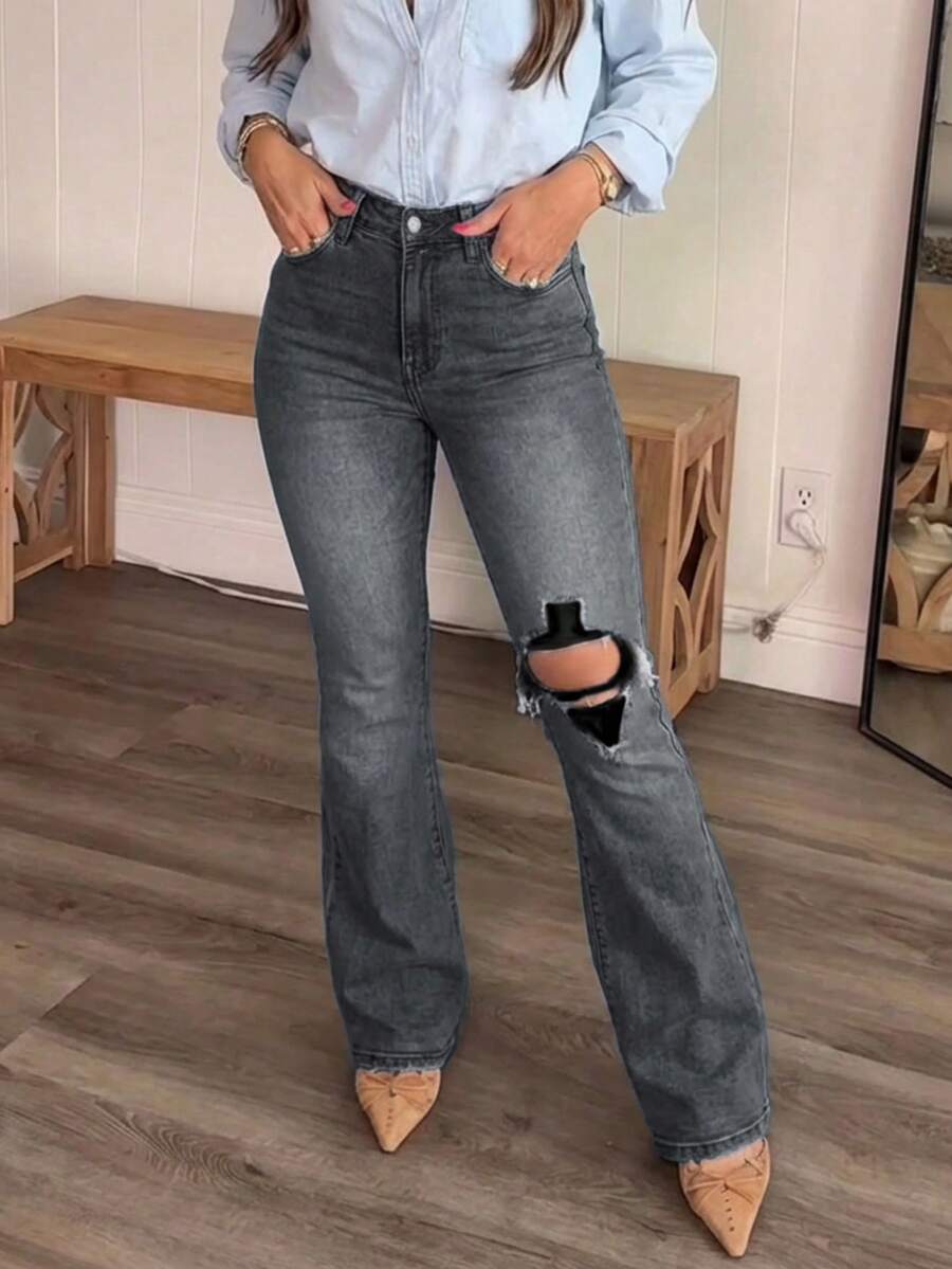 Women's Distressed Elastic Skinny Flare Jeans Casual - Grey - View 1