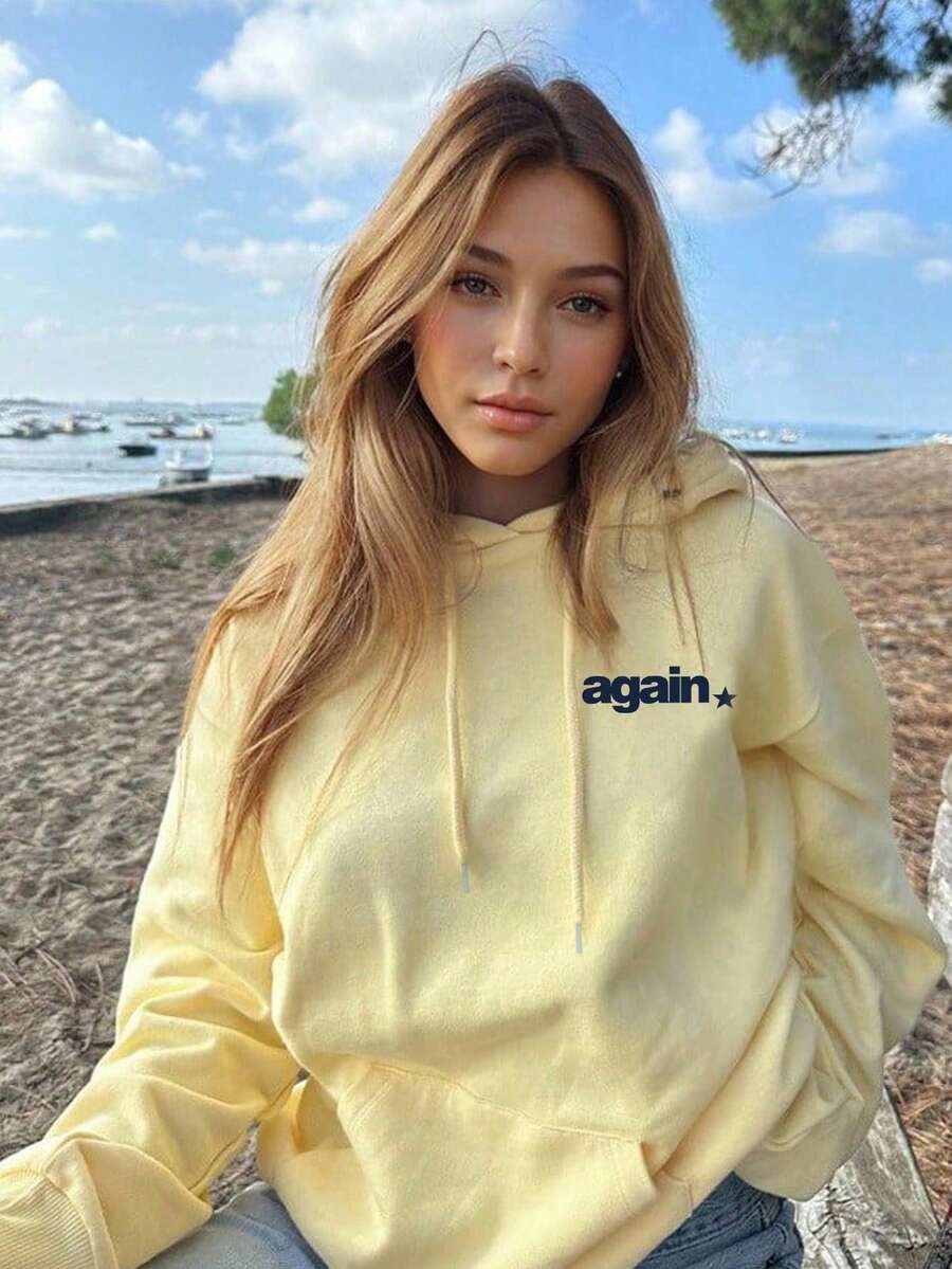 “不是你”字母图案卫衣，休闲女式返校长袖口袋套头卫衣 - 黃色 - 查看 1