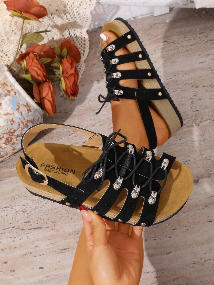 Summer New Men's Lace-Up Roman Sandals, Rivet Decor Adjustable Buckle Soft Cork Bottom Casual Shoes, Black Suede Lace-Up Roman Sandals, Rivet Decor Breathable Casual Shoes - Black - View 1