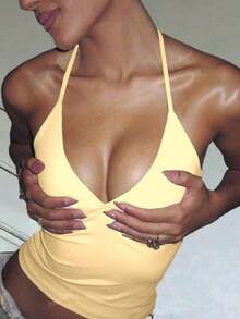 Minimalist Halter Top With V-Neck And Neck Tie - Summer - Beige - View 5