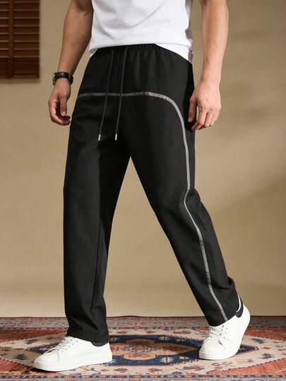 Men's Casual Sports Contrast Color Patchwork Drawstring Waist Pants, Unisex Sports Trousers, Suitable For All Seasons