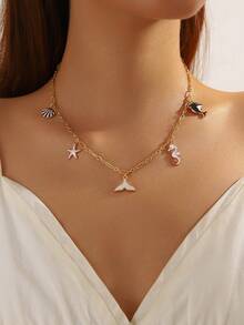 Hihho 1pc Luxury Ocean Element Necklace Set, Lightweight Elegant Ocean Themed Necklace Set Is Both A Youthful Daily Accessory And An Ideal Gift To Spread Good Vibes - Gold - View 6