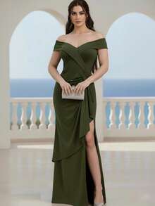 Vestido De Festa Sexy Ombro à mostra Madrinha Casamento Convidada Elegante - Oliva Escuro - Visão 5