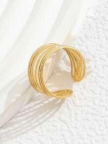 1Pc Minimalist Multi-Layer Hollow Out Cuff Ring, 18K Gold Plated Textured Geometric Open Finger Ring For Women Daily Decor - Gold - View 3